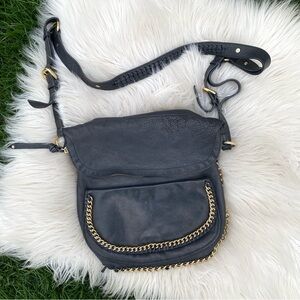 Sabina New York Black Leather Messenger Bag with Gold Detail